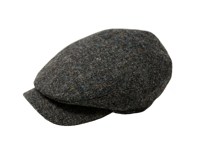 Daithi Cap Tweed Scottish Harris Tweed Charcoal Salt & Pepper with Colourful Flecks side view