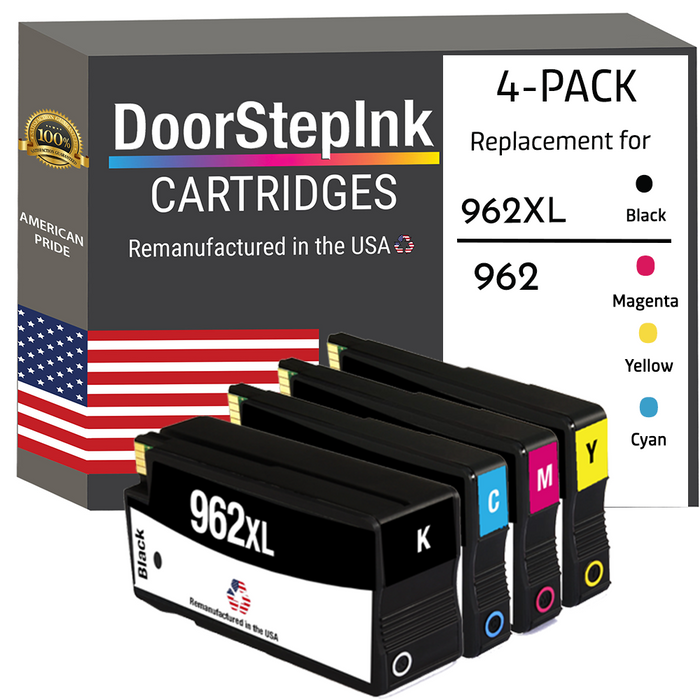 DoorStepInk Remanufactured in the USA Ink Cartridges for HP 962XL 1 Black / 962 3 Color 4-pack