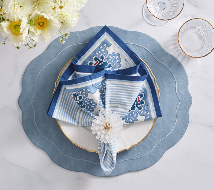Filigree Napkin in White & Blue Set of 4 by Kim Seybert at Fig Linens and Home - Lifestyle 1
