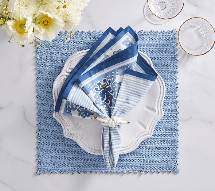 Filigree Napkin in White & Blue Set of 4 by Kim Seybert at Fig Linens and Home - Lifestyle 3