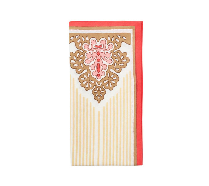 Filigree Napkin in White, Coral & Brown Set of 4 by Kim Seybert at Fig Linens and Home - Folded
