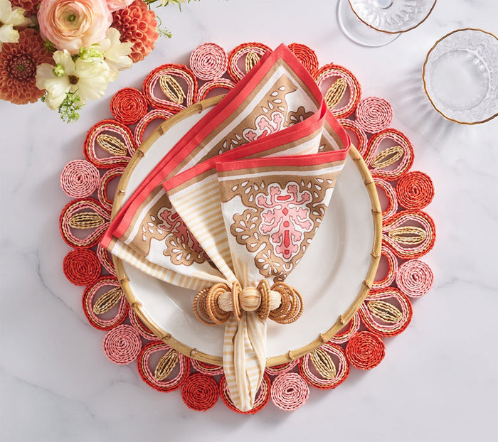 Filigree Napkin in White, Coral & Brown Set of 4 by Kim Seybert at Fig Linens and Home - Lifestyle 1