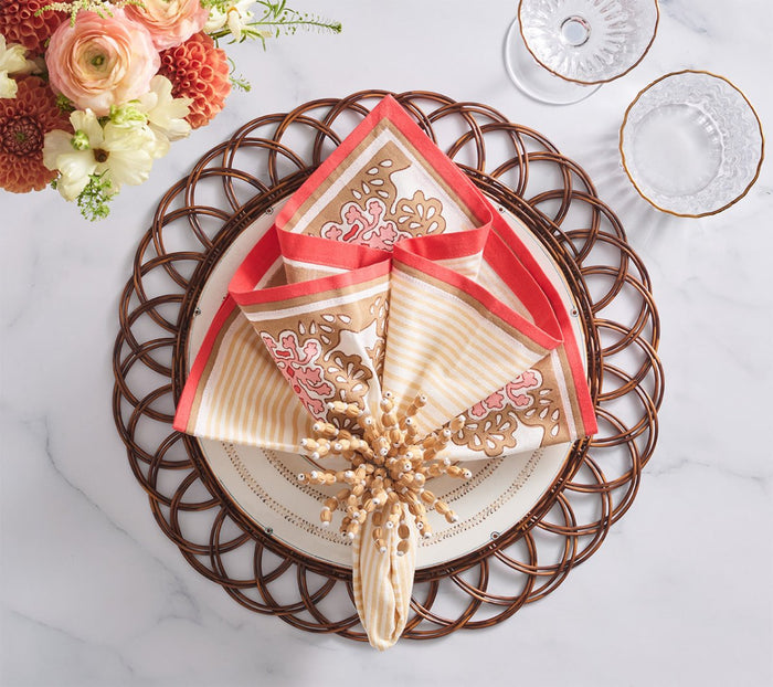 Filigree Napkin in White, Coral & Brown Set of 4 by Kim Seybert at Fig Linens and Home - Lifestyle 2