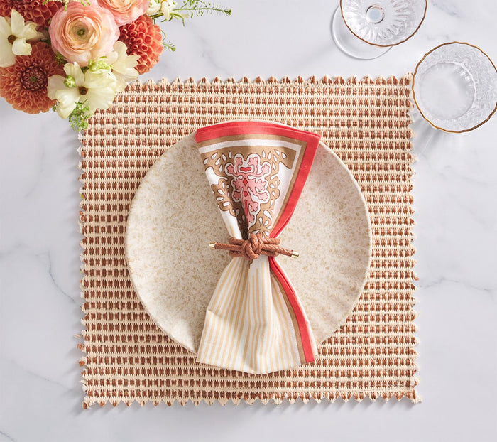 Filigree Napkin in White, Coral & Brown Set of 4 by Kim Seybert at Fig Linens and Home - Lifestyle 3
