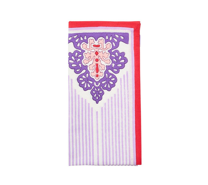 Filigree Napkins in White, Lilac & Coral Set of 4 by Kim Seybert at Fig Linens and Home - Folded