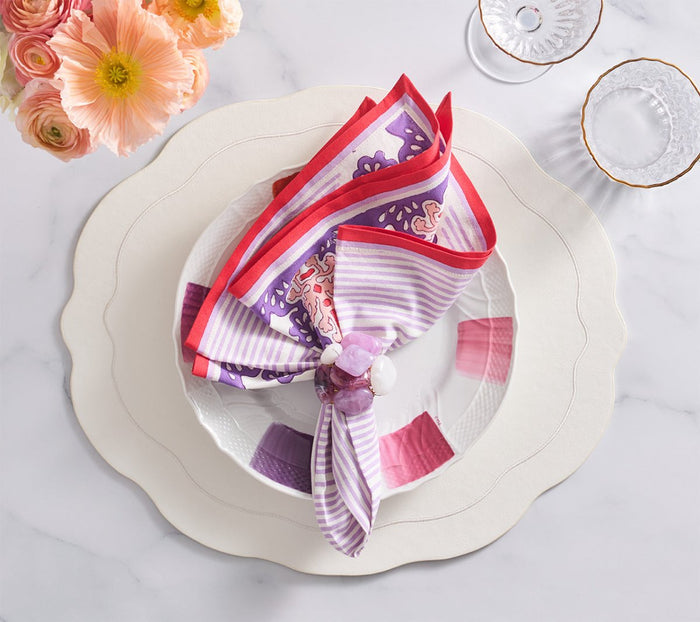 Filigree Napkins in White, Lilac & Coral Set of 4 by Kim Seybert at Fig Linens and Home - View 1