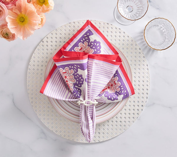 Filigree Napkins in White, Lilac & Coral Set of 4 by Kim Seybert at Fig Linens and Home - View 2