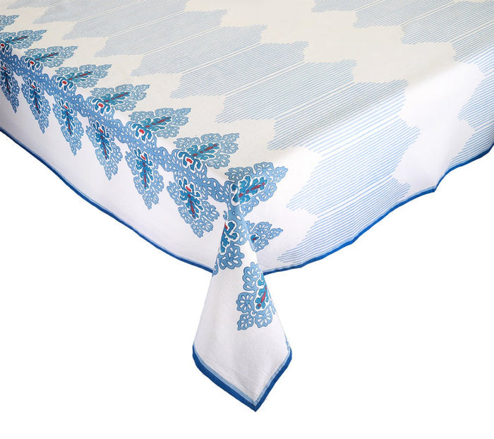 Filigree Tablecloth in White & Blue by Kim Seybert at Fig Linens and Home - Table View