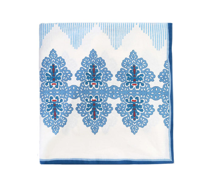 Filigree Tablecloth in White & Blue by Kim Seybert at Fig Linens and Home - Folded View