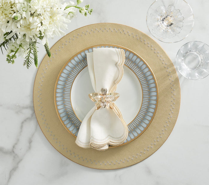 Glasswing Napkin Ring in Champagne & Crystal, Set of 4 in a Gift Box Kim Seybert at Fig Linens and Home shown with Napkin and Placemat