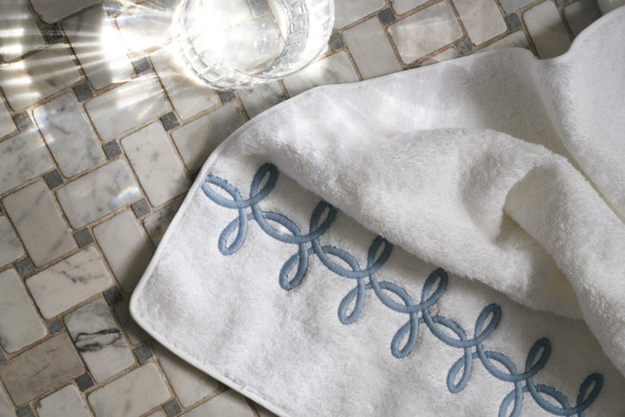 Gordian Knot Bath Towels by Matouk at Fig Linens and Home - Embroidery Detail View 1