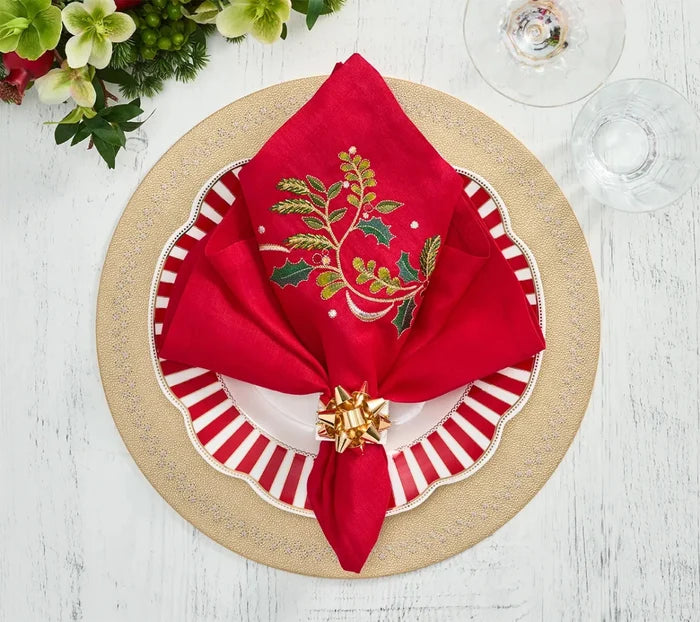 Holly Ribbon Red/Green/Gold Napkin Detail 4 | Kim Seybert at Fig Linens and Home