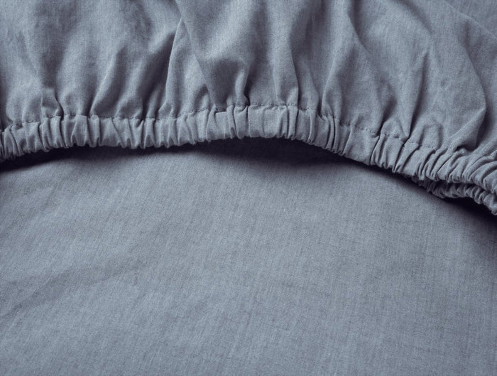 Coyuchi Indigo Chambray Organic Crinkled Percale Fitted Sheet Detail at Fig Linens and Home