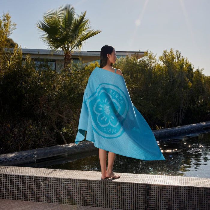 K HEART Turquoise Jacquard Beach Towel by Kenzo Paris | Yves Delorme at Fig Linens and Home 1