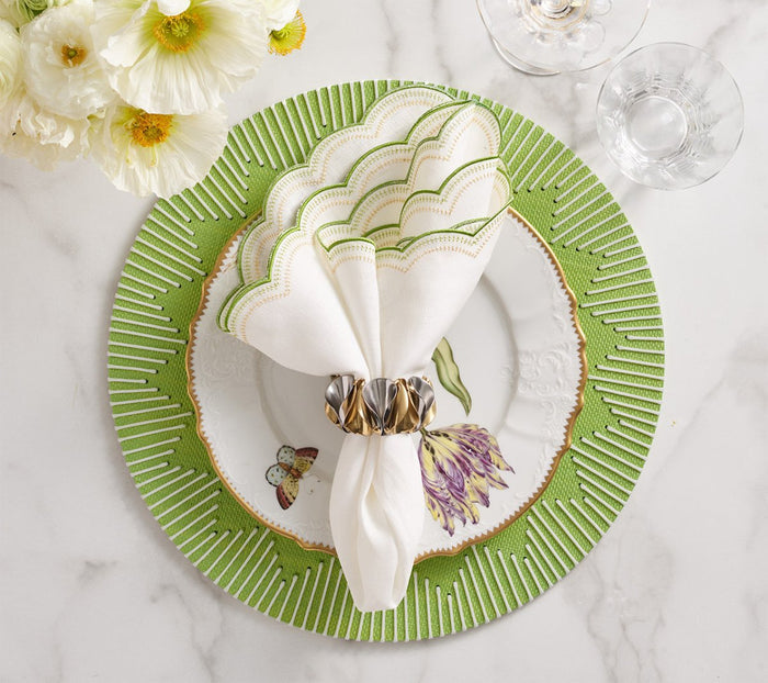 Kim Seybert Lune Napkin in White, Green & Gold at Fig Linens and Home - Lifestyle 1