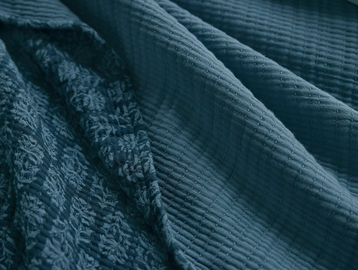 Mirada Organic Matelasse Cerulean Chrysanthemum Coverlet Styled Room View 3 | Coyuchi at Fig Linens and Home