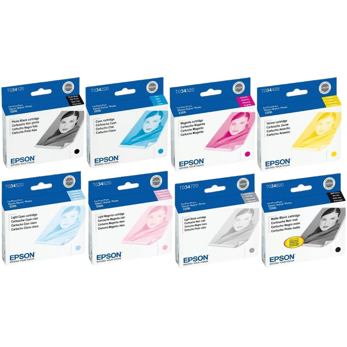 New Genuine Epson T034 Black and Color Ink Cartridges-8 Pack