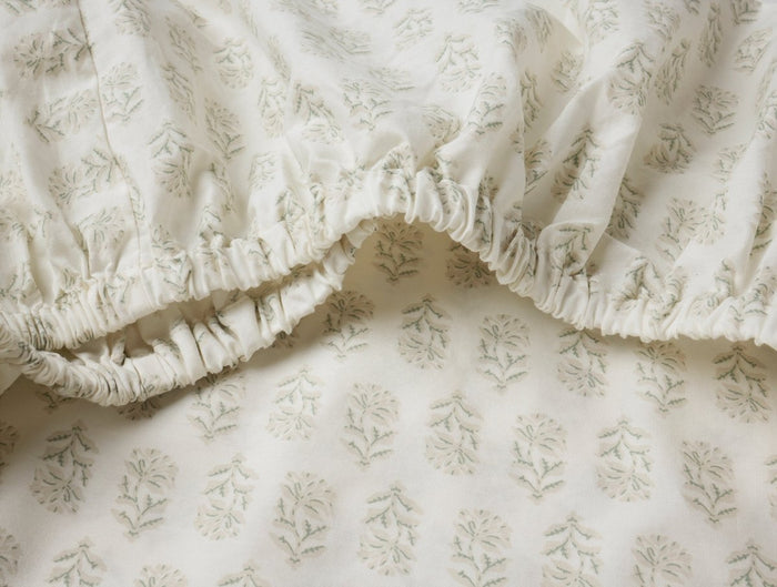 Coyuchi Organic Print Percale Seafoam Chrysanthemum Fitted Sheet Detail at Fig Linens and Home