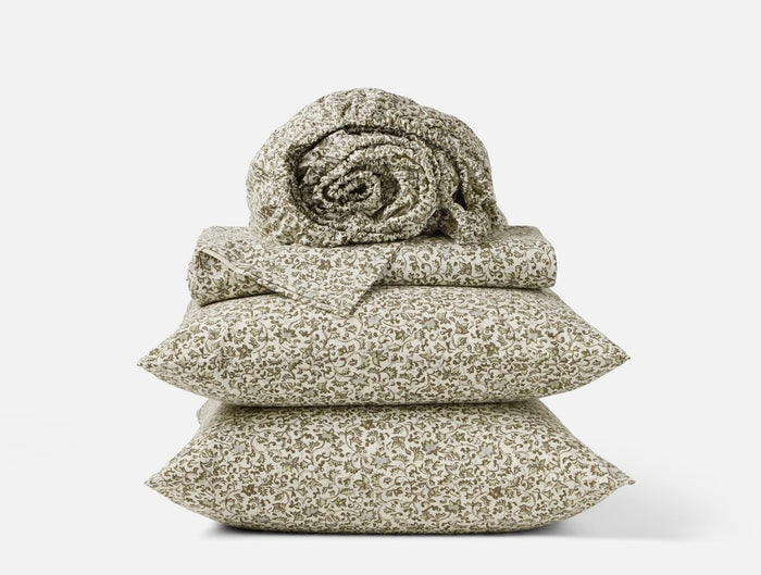 Organic Print Percale Olive Asterid Sheet Set | Coyuchi at Fig Linens and Home