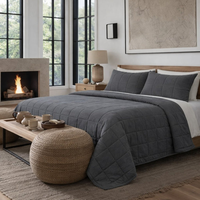 Bedding in Charcoal Colorway - Ready-to-Bed 2.0 Cotton Canvas Coverlet Set by Ann Gish