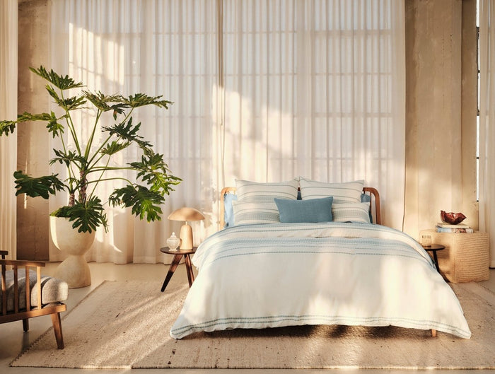 Coyuchi Rippled Stripe Undyed & Surf Organic Bedding at Fig Linens and Home - Lifestyle View 1