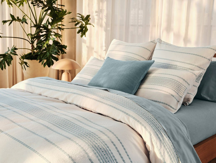 Coyuchi Rippled Stripe Undyed & Surf Organic Bedding at Fig Linens and Home - Lifestyle View 2