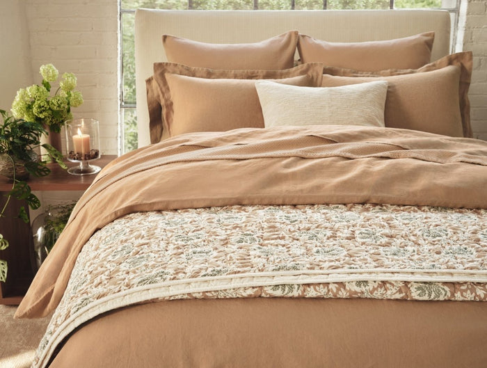 Coyuchi Robles Handstitched Organic Quilts in Fawn and Juniper at Fig Linens and Home - Lifestyle 2