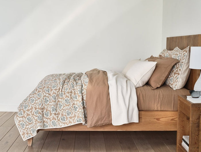 Coyuchi Robles Handstitched Organic Quilts in Fawn and Juniper at Fig Linens and Home - Lifestyle 1