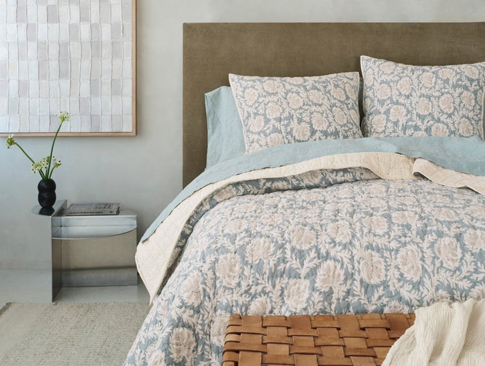 Coyuchi Robles Handstitched Organic Quilts in Tidal and Khaki at Fig Linens and Home - Lifestyle 1