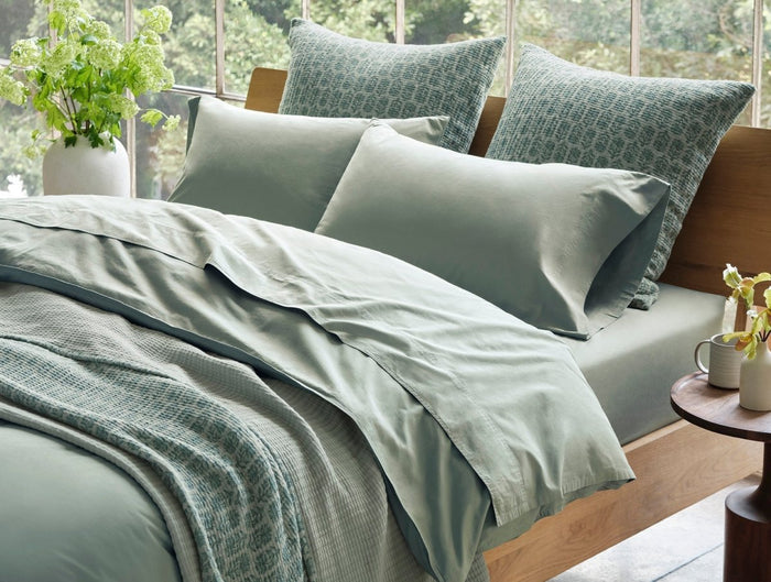 Coyuchi Sage Organic Crinkled Percale Sheet Sets - Lifestyle View at Fig Linens and Home