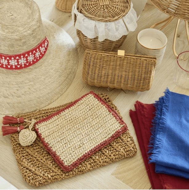 AERIN Small Raffia Pouch with Geranium Border at Fig Linens and Home - Lifestyle