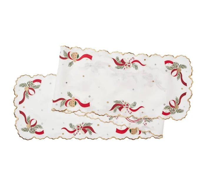 Tinsel Bow White/Red/Gold Table Runner | Kim Seybert at Fig Linens and Home