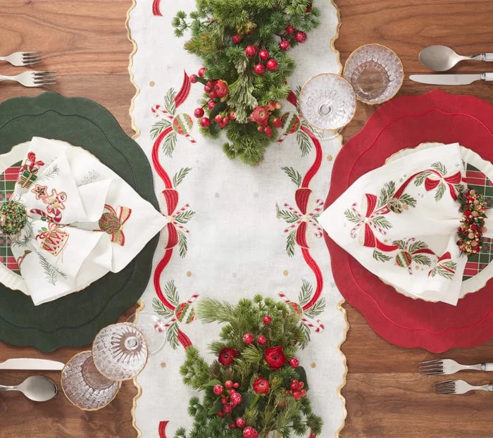 Tinsel Bow White/Red/Gold Table Runner Detail 2 | Kim Seybert at Fig Linens and Home