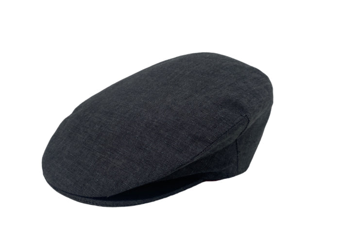 The Vintage Cap Linen by Hanna Hats, a dark gray classic flat cap crafted from textured linen, is shown against a white background.