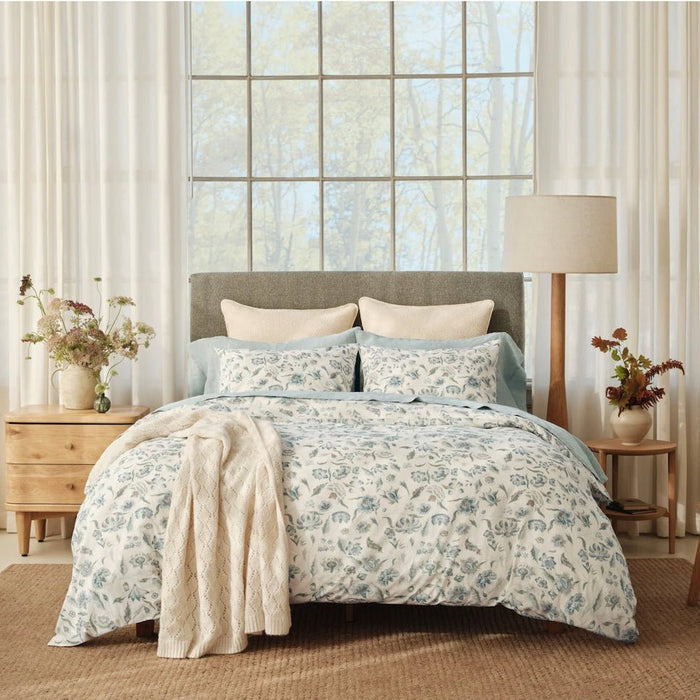 Viola Cerulean Organic Print Duvet Covers | Coyuchi Bedding at Fig Linens and Home - Lifestyle 1