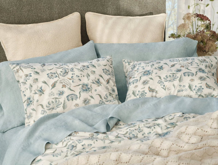 Viola Cerulean Organic Print Duvet Covers | Coyuchi Bedding at Fig Linens and Home - Lifestyle 2