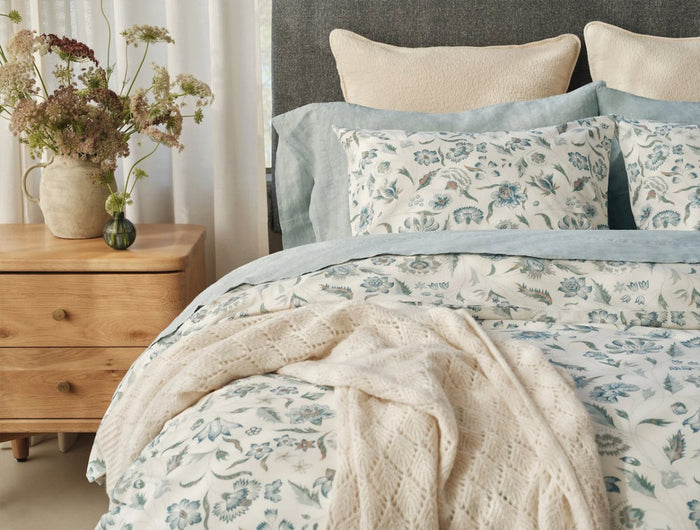Viola Cerulean Organic Print Duvet Covers | Coyuchi Bedding at Fig Linens and Home - Lifestyle 3