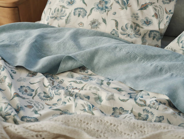 Viola Cerulean Organic Print Duvet Covers | Coyuchi Bedding at Fig Linens and Home - Lifestyle 4