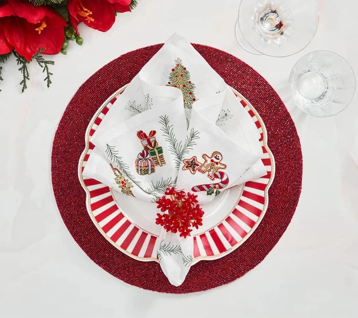 Xmas Trellis White/Red/Green Napkin Detail 3 | Kim Seybert at Fig Linens and Home